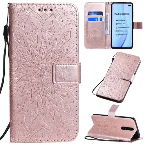 Embossing Sunflower Leather Wallet Case for Xiaomi Redmi K30 - Rose Gold