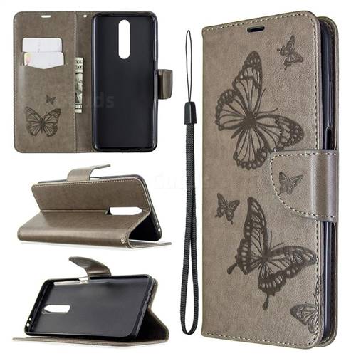 Embossing Double Butterfly Leather Wallet Case for Xiaomi Redmi K30 - Gray