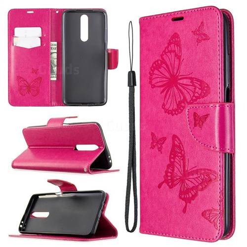 Embossing Double Butterfly Leather Wallet Case for Xiaomi Redmi K30 - Red