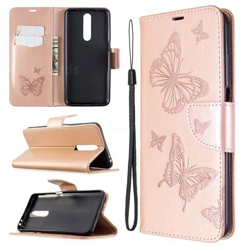 Embossing Double Butterfly Leather Wallet Case for Xiaomi Redmi K30 - Rose Gold