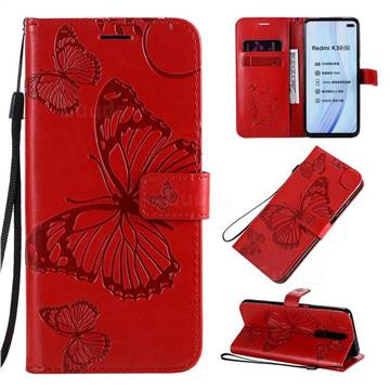 Embossing 3D Butterfly Leather Wallet Case for Xiaomi Redmi K30 - Red