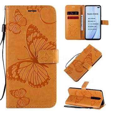 Embossing 3D Butterfly Leather Wallet Case for Xiaomi Redmi K30 - Yellow