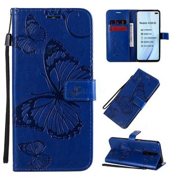 Embossing 3D Butterfly Leather Wallet Case for Xiaomi Redmi K30 - Blue