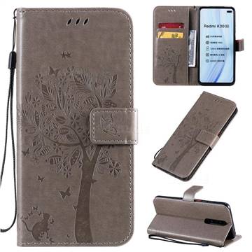 Embossing Butterfly Tree Leather Wallet Case for Xiaomi Redmi K30 - Grey