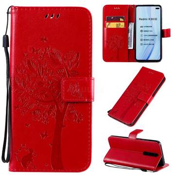 Embossing Butterfly Tree Leather Wallet Case for Xiaomi Redmi K30 - Red