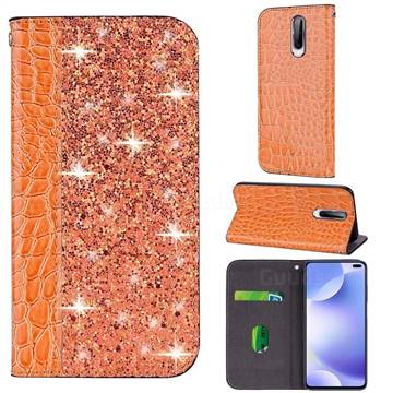 Shiny Crocodile Pattern Stitching Magnetic Closure Flip Holster Shockproof Phone Case for Xiaomi Redmi K30 - Gold Orange