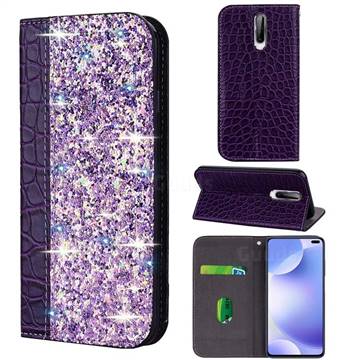 Shiny Crocodile Pattern Stitching Magnetic Closure Flip Holster Shockproof Phone Case for Xiaomi Redmi K30 - Purple