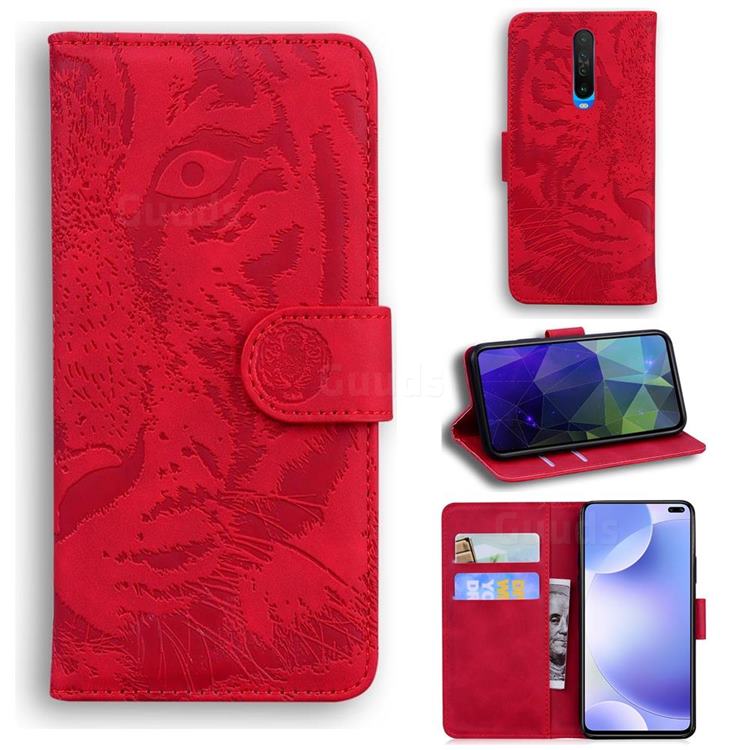 Intricate Embossing Tiger Face Leather Wallet Case for Xiaomi Redmi K30 - Red