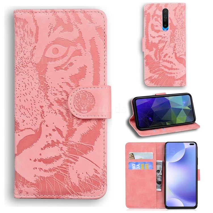 Intricate Embossing Tiger Face Leather Wallet Case for Xiaomi Redmi K30 - Pink