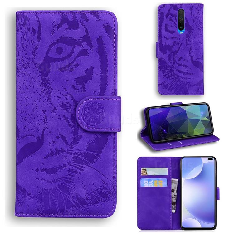 Intricate Embossing Tiger Face Leather Wallet Case for Xiaomi Redmi K30 - Purple