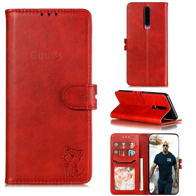 Embossing Happy Cat Leather Wallet Case for Xiaomi Redmi K30 - Red
