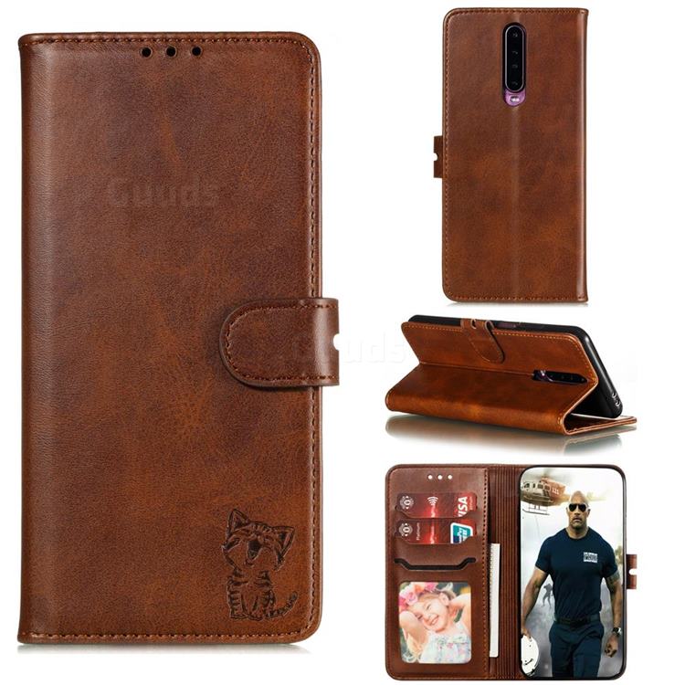 Embossing Happy Cat Leather Wallet Case for Xiaomi Redmi K30 - Brown
