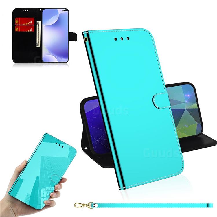 Shining Mirror Like Surface Leather Wallet Case for Xiaomi Redmi K30 - Mint Green