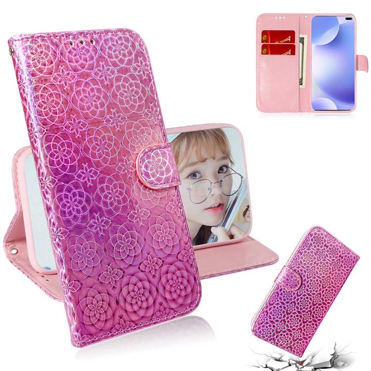Laser Circle Shining Leather Wallet Phone Case for Xiaomi Redmi K30 - Pink
