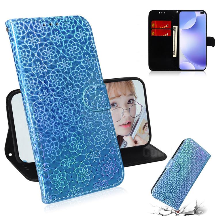 Laser Circle Shining Leather Wallet Phone Case for Xiaomi Redmi K30 - Blue