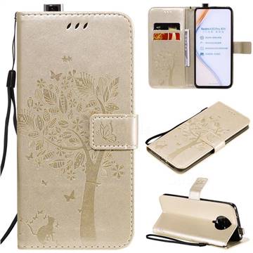 Embossing Butterfly Tree Leather Wallet Case for Xiaomi Redmi K30 Pro - Champagne
