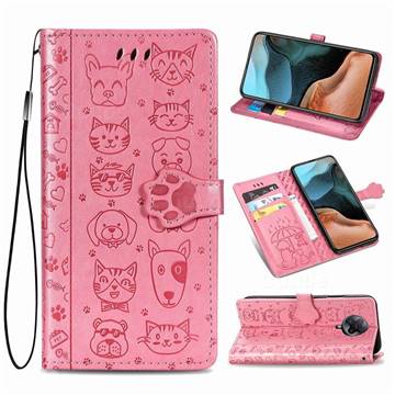 Embossing Dog Paw Kitten and Puppy Leather Wallet Case for Xiaomi Redmi K30 Pro - Pink