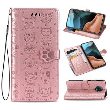 Embossing Dog Paw Kitten and Puppy Leather Wallet Case for Xiaomi Redmi K30 Pro - Rose Gold
