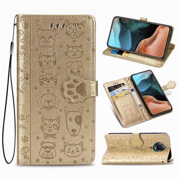 Embossing Dog Paw Kitten and Puppy Leather Wallet Case for Xiaomi Redmi K30 Pro - Champagne Gold