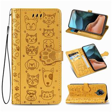 Embossing Dog Paw Kitten and Puppy Leather Wallet Case for Xiaomi Redmi K30 Pro - Yellow