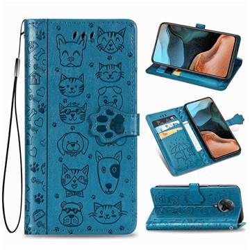 Embossing Dog Paw Kitten and Puppy Leather Wallet Case for Xiaomi Redmi K30 Pro - Blue