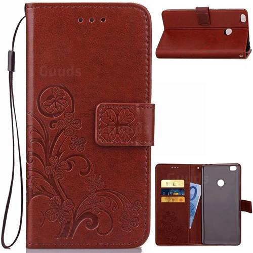 Embossing Imprint Four-Leaf Clover Leather Wallet Case for Xiaomi Mi Max 2 - Brown