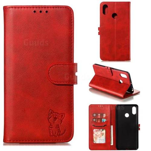 Embossing Happy Cat Leather Wallet Case for Xiaomi Mi Max 3 - Red