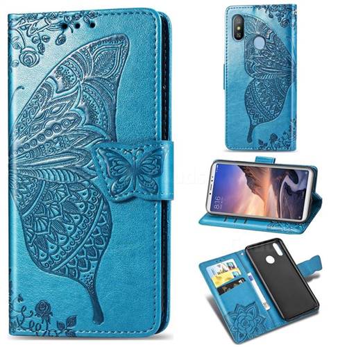Embossing Mandala Flower Butterfly Leather Wallet Case for Xiaomi Mi Max 3 - Blue