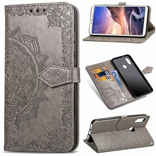 Embossing Imprint Mandala Flower Leather Wallet Case for Xiaomi Mi Max 3 - Gray