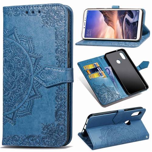 Embossing Imprint Mandala Flower Leather Wallet Case for Xiaomi Mi Max 3 - Blue