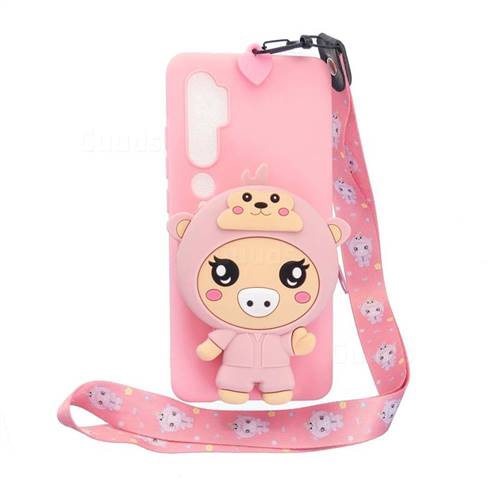 Pink Pig Neck Lanyard Zipper Wallet Silicone Case for Xiaomi Mi Note 10 / Note 10 Pro / CC9 Pro