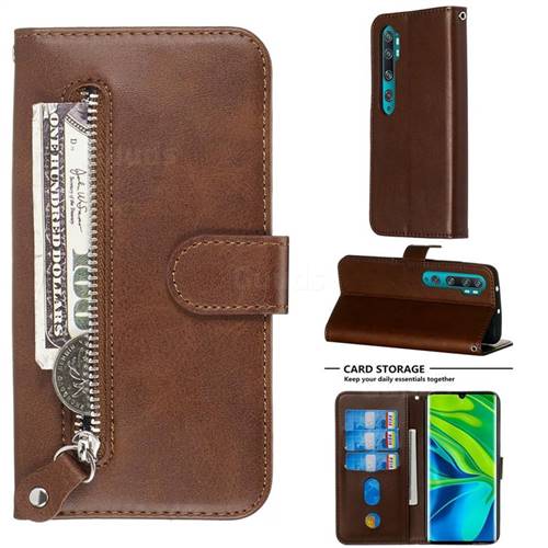 Retro Luxury Zipper Leather Phone Wallet Case for Xiaomi Mi Note 10 / Note 10 Pro / CC9 Pro - Brown