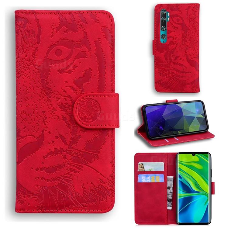 Intricate Embossing Tiger Face Leather Wallet Case for Xiaomi Mi Note 10 / Note 10 Pro / CC9 Pro - Red