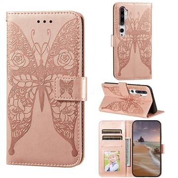 Intricate Embossing Rose Flower Butterfly Leather Wallet Case for Xiaomi Mi Note 10 / Note 10 Pro / CC9 Pro - Rose Gold