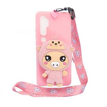 Pink Pig Neck Lanyard Zipper Wallet Silicone Case for Xiaomi Mi Note 10 Lite
