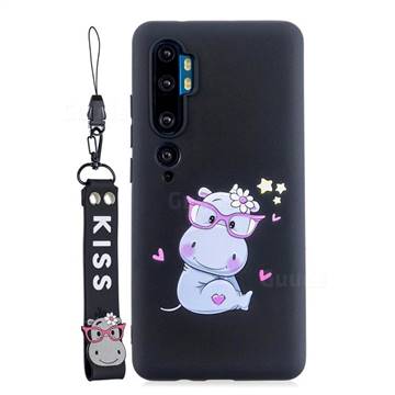 Black Flower Hippo Soft Kiss Candy Hand Strap Silicone Case for Xiaomi Mi Note 10 Lite
