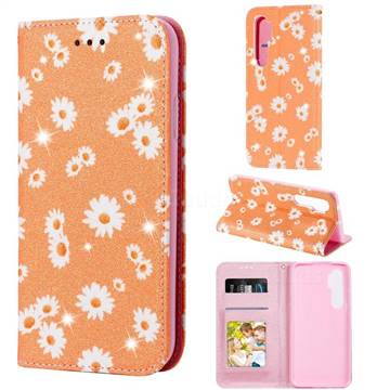 Ultra Slim Daisy Sparkle Glitter Powder Magnetic Leather Wallet Case for Xiaomi Mi Note 10 Lite - Orange