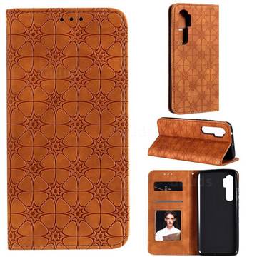 Intricate Embossing Four Leaf Clover Leather Wallet Case for Xiaomi Mi Note 10 Lite - Yellowish Brown