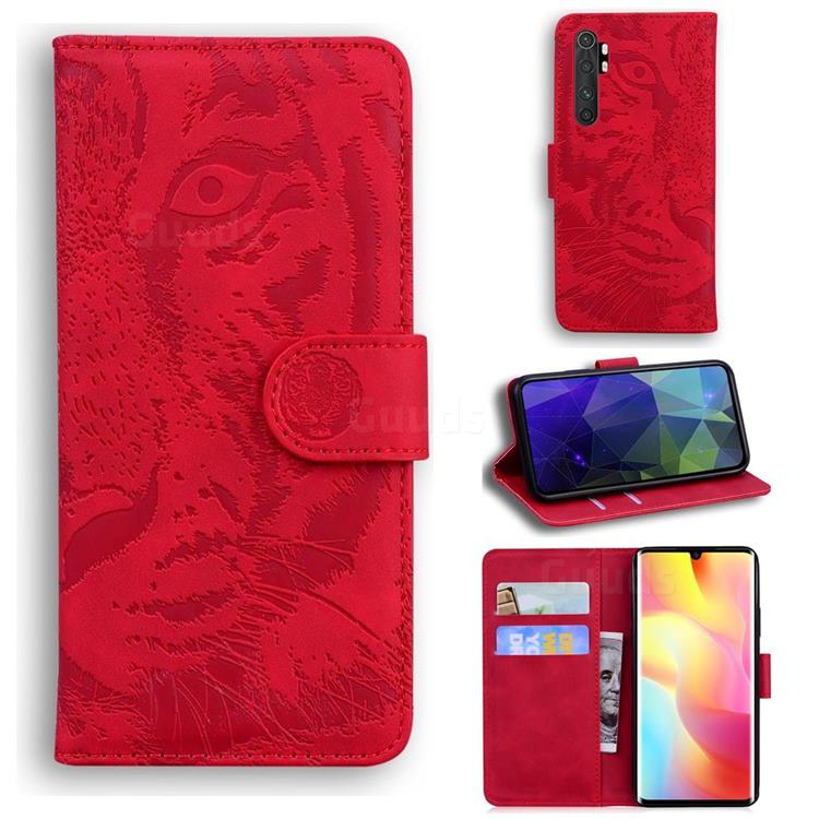Intricate Embossing Tiger Face Leather Wallet Case for Xiaomi Mi Note 10 Lite - Red