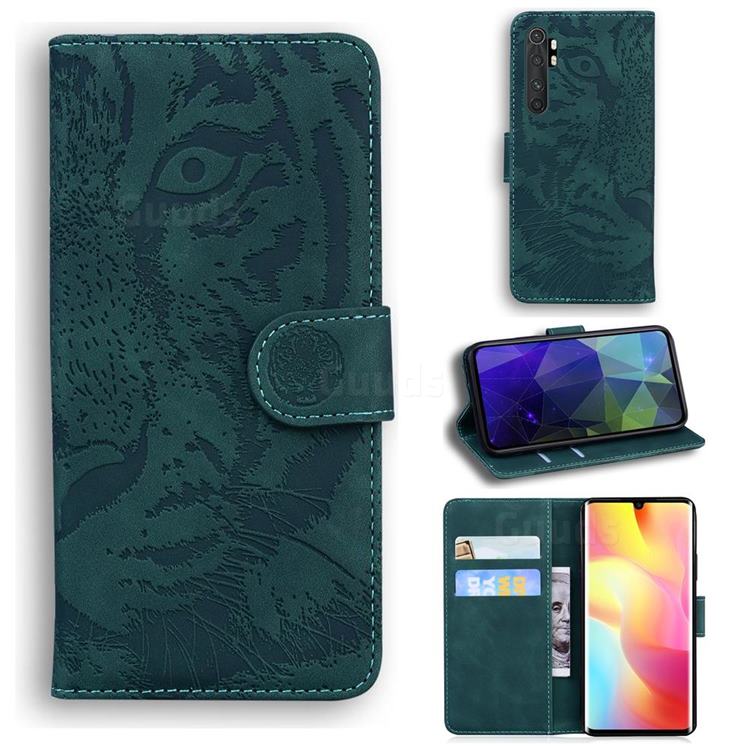 Intricate Embossing Tiger Face Leather Wallet Case for Xiaomi Mi Note 10 Lite - Green