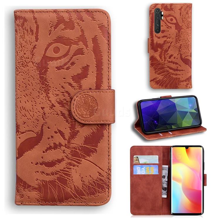 Intricate Embossing Tiger Face Leather Wallet Case for Xiaomi Mi Note 10 Lite - Brown