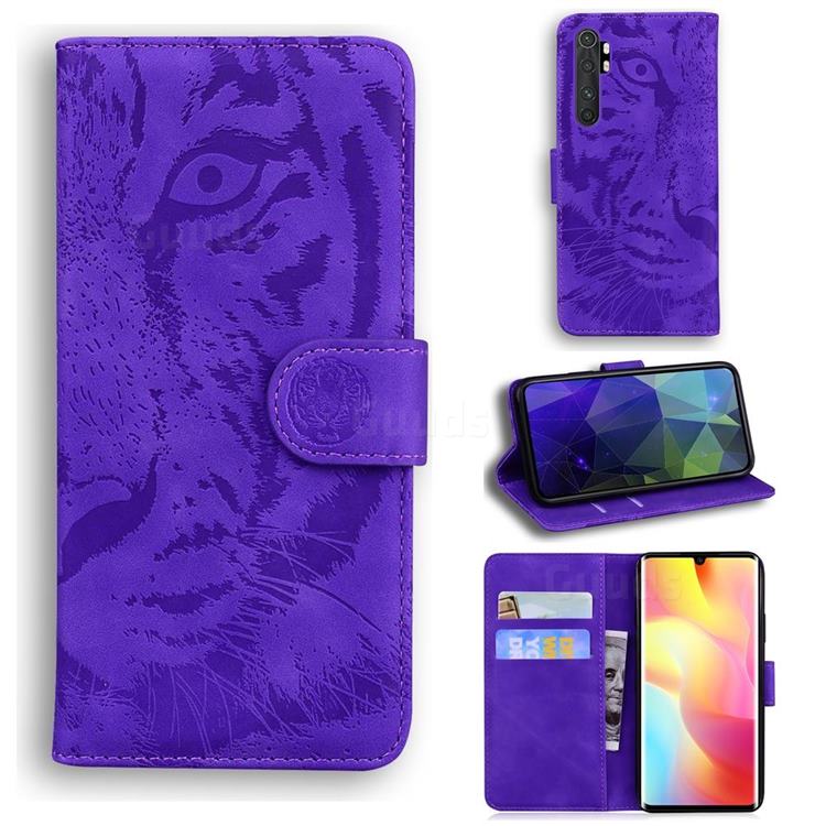 Intricate Embossing Tiger Face Leather Wallet Case for Xiaomi Mi Note 10 Lite - Purple