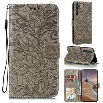 Intricate Embossing Lace Jasmine Flower Leather Wallet Case for Xiaomi Mi Note 10 Lite - Gray