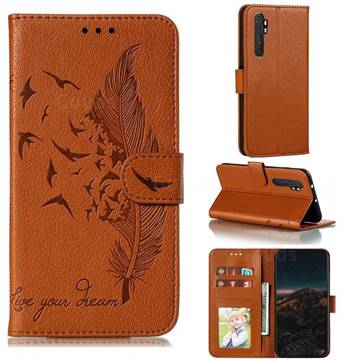Intricate Embossing Lychee Feather Bird Leather Wallet Case for Xiaomi Mi Note 10 Lite - Brown