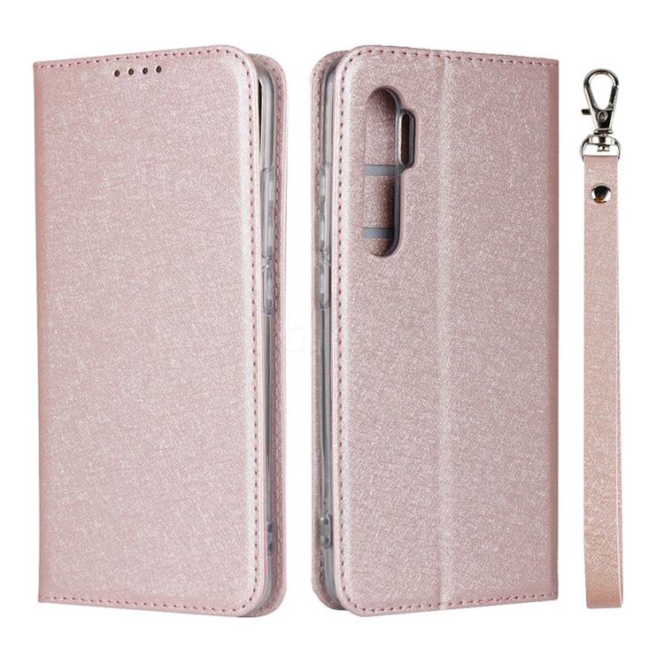Ultra Slim Magnetic Automatic Suction Silk Lanyard Leather Flip Cover for Xiaomi Mi Note 10 Lite - Rose Gold