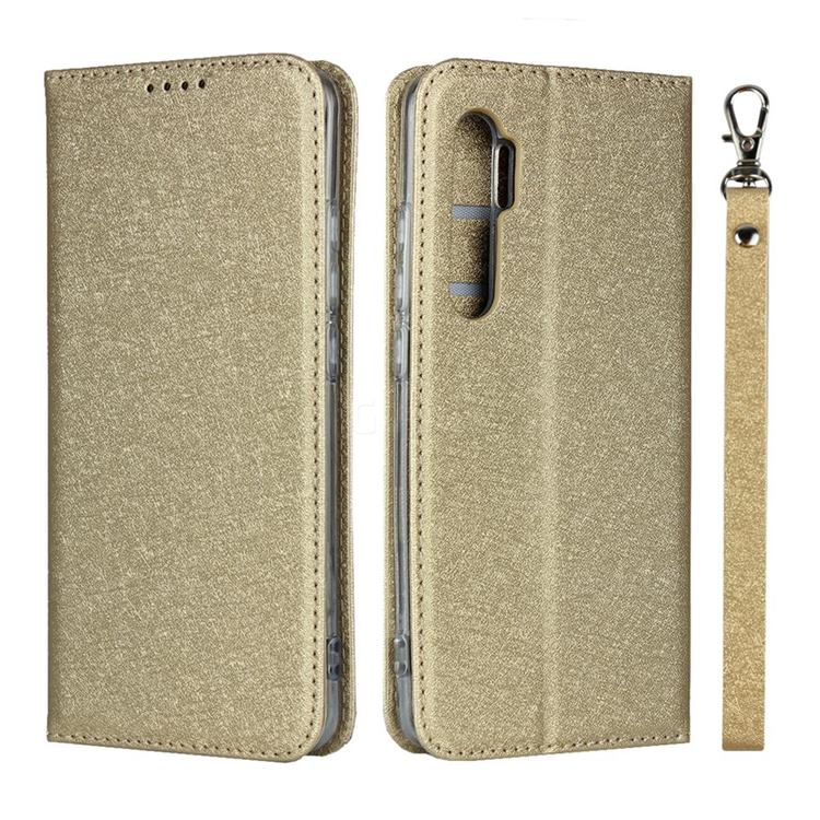 Ultra Slim Magnetic Automatic Suction Silk Lanyard Leather Flip Cover for Xiaomi Mi Note 10 Lite - Golden