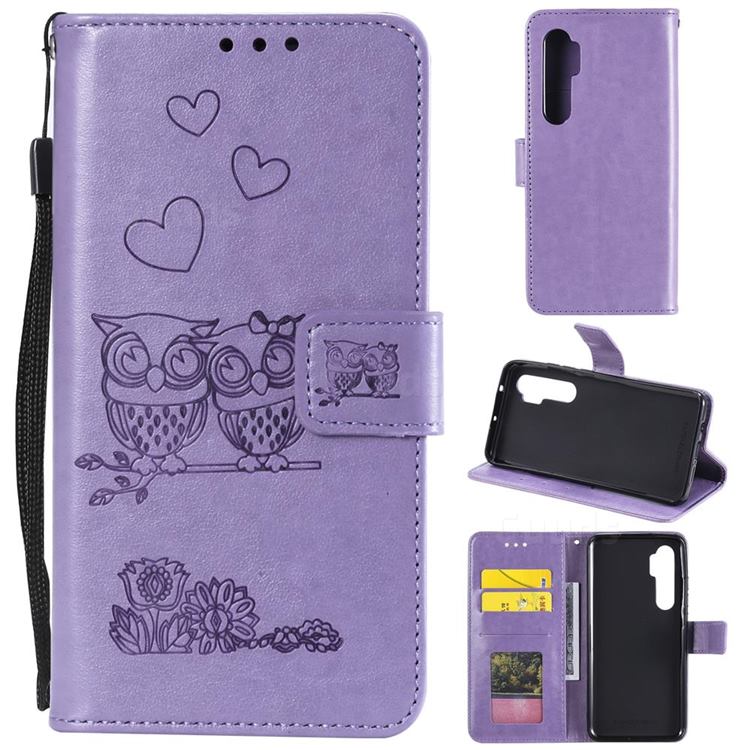 Embossing Owl Couple Flower Leather Wallet Case for Xiaomi Mi Note 10 Lite - Purple