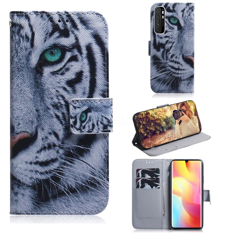 White Tiger PU Leather Wallet Case for Xiaomi Mi Note 10 Lite
