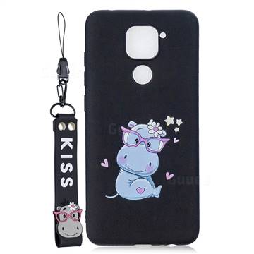 Black Flower Hippo Soft Kiss Candy Hand Strap Silicone Case for Xiaomi Redmi Note 9