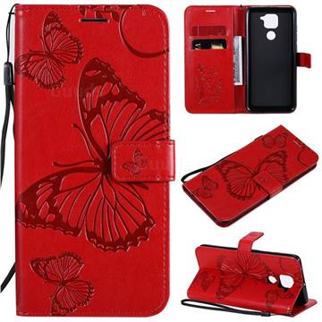Embossing 3D Butterfly Leather Wallet Case for Xiaomi Redmi Note 9 - Red